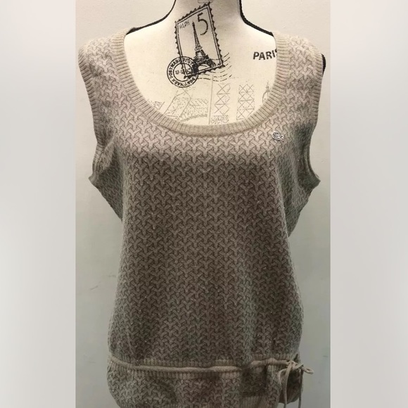 Lacoste Sleeveless Brown Geometric Sweater 44 Women Wool Cotton Draw String - Picture 2 of 12